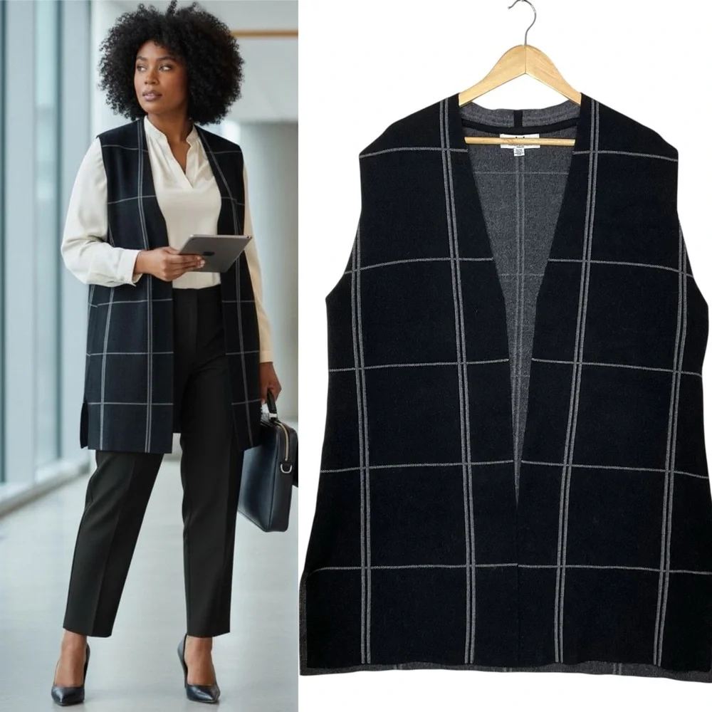 MAGACHONI sz 1X Long Sweater Vest Open Window Pane Plaid Charcoal Black